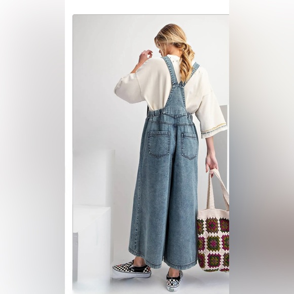 Easel Stone Wash Wide Leg Overalls (Washed Denim) Size Small - Picture 3 of 5